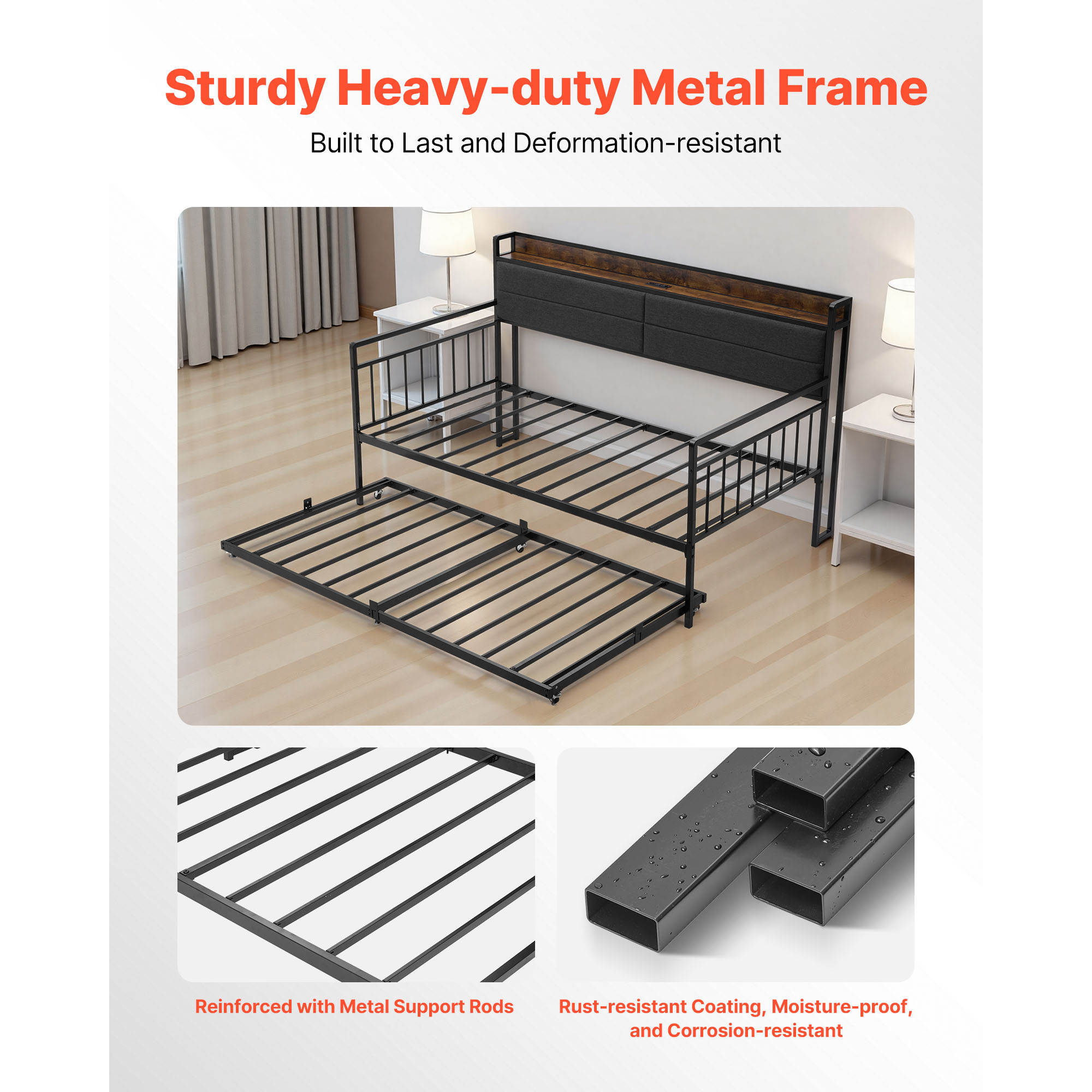 Metal Daybed Frame With Trundle And Charging Station Bed_voghion.com